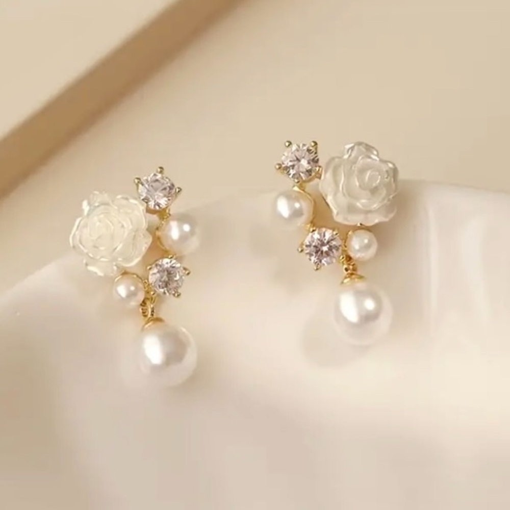 Diamond & Pearl White Rose Gold Toned Stud Earrings - Picture 3 of 3